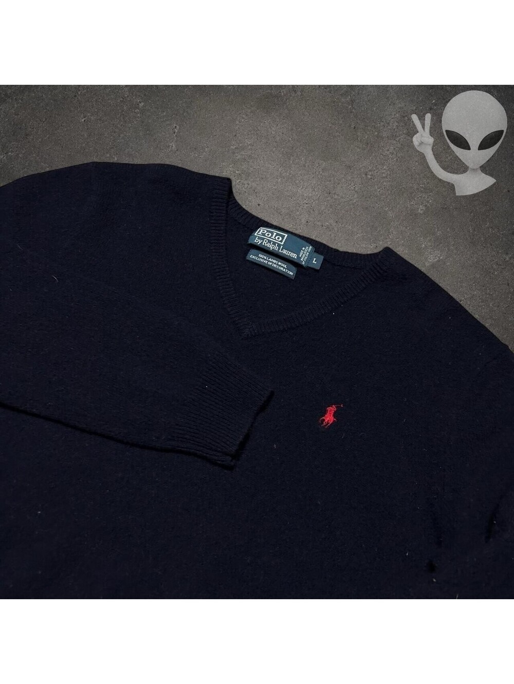 Polo Ralph Lauren V-Neck Sweater Mens L Navy Blue Lambswool Pullover Vintage